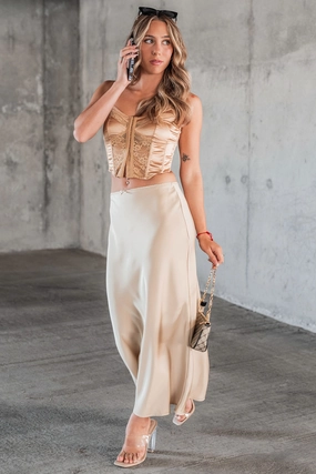 Chic Endeavors Satin Midi Skirt (Champagne) Soft Wear