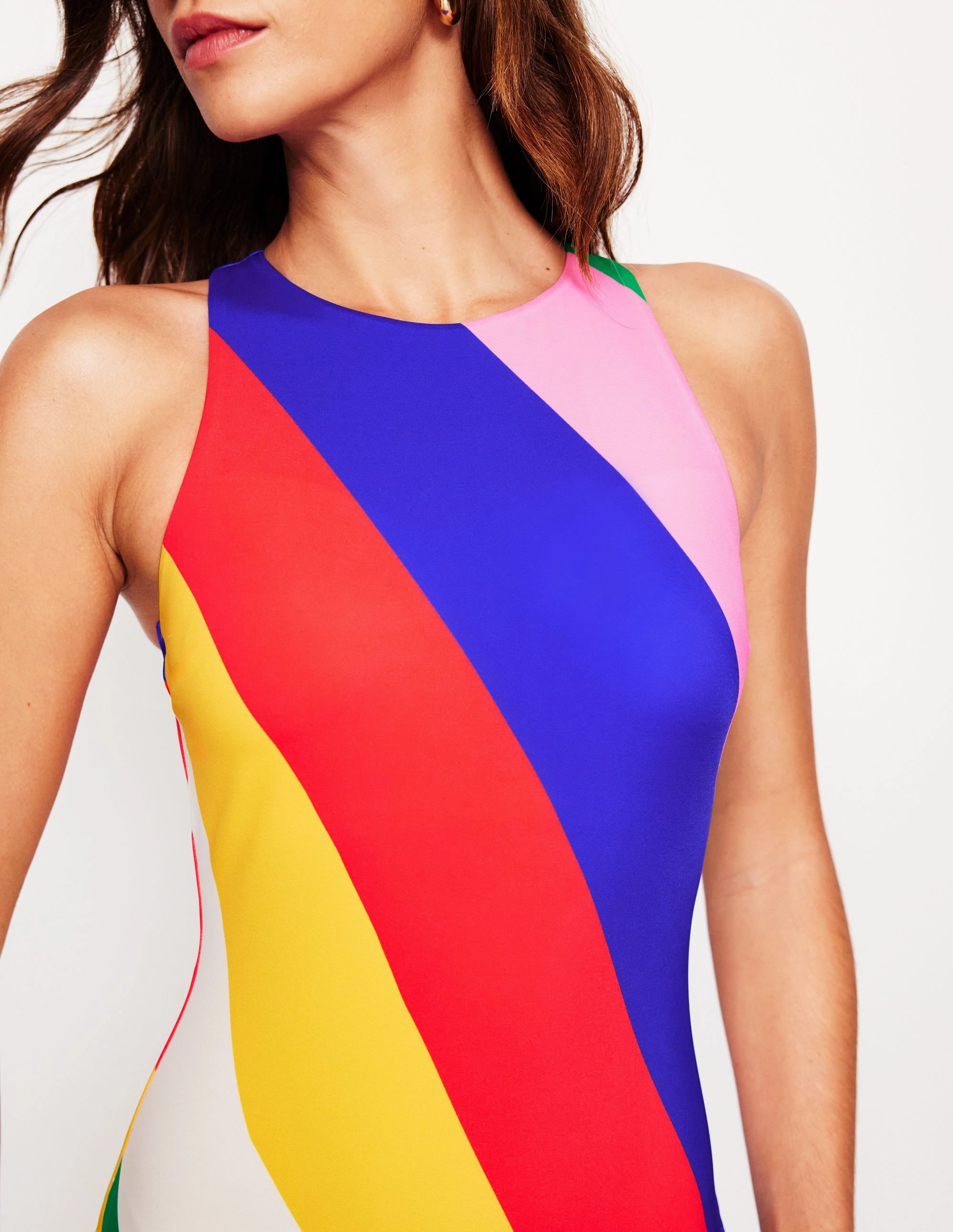 Piped Sporty Swimsuit-Multi, Rainbow Cascade Relaxing Beachwear Rubberized Grips