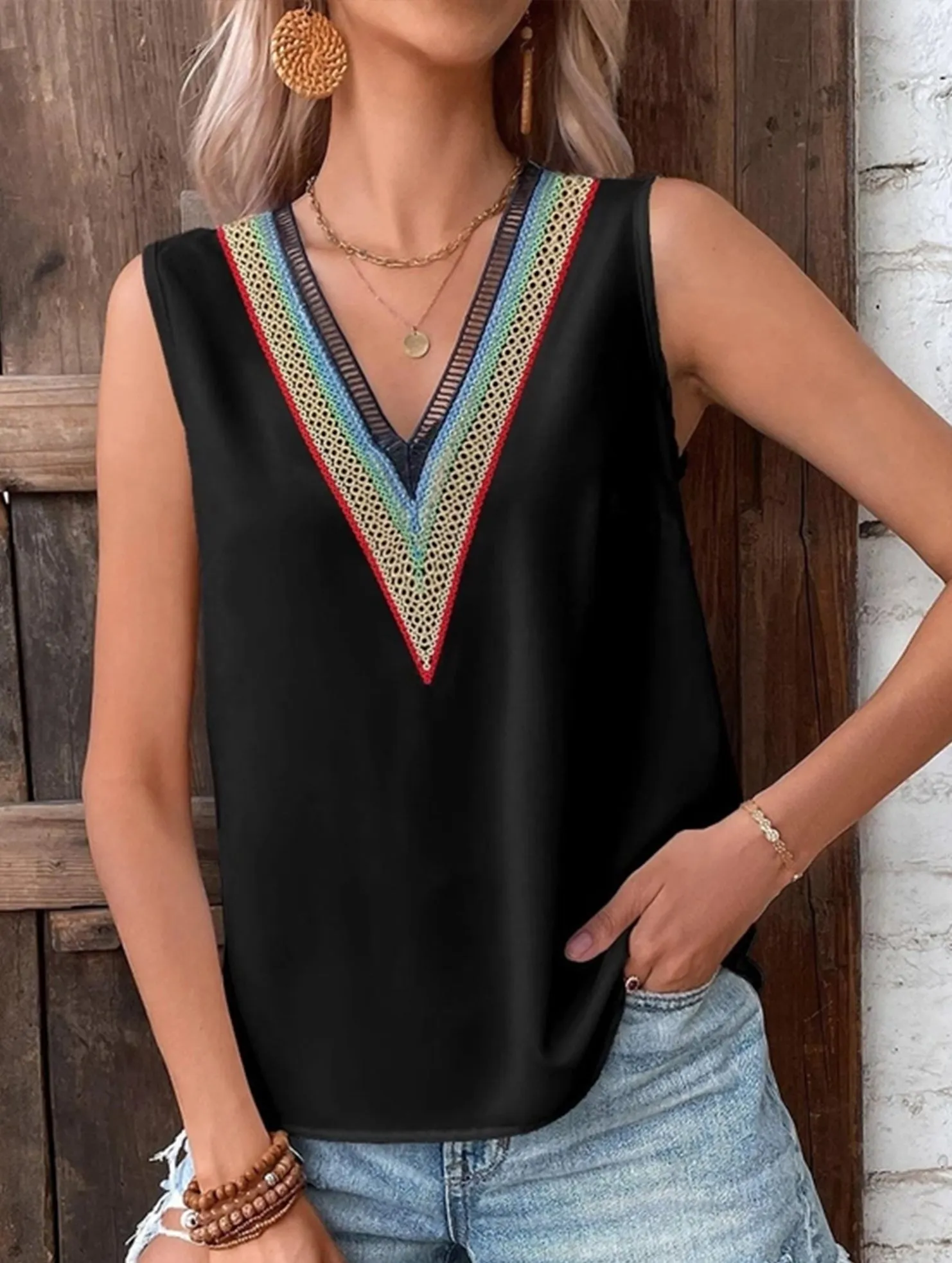 Relaxed Fit Shirt MULTICOLOR LACE V NECK SLEEVELESS BLOUSE