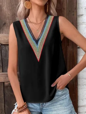 MULTICOLOR LACE V NECK SLEEVELESS BLOUSE Anti Pilling Finish