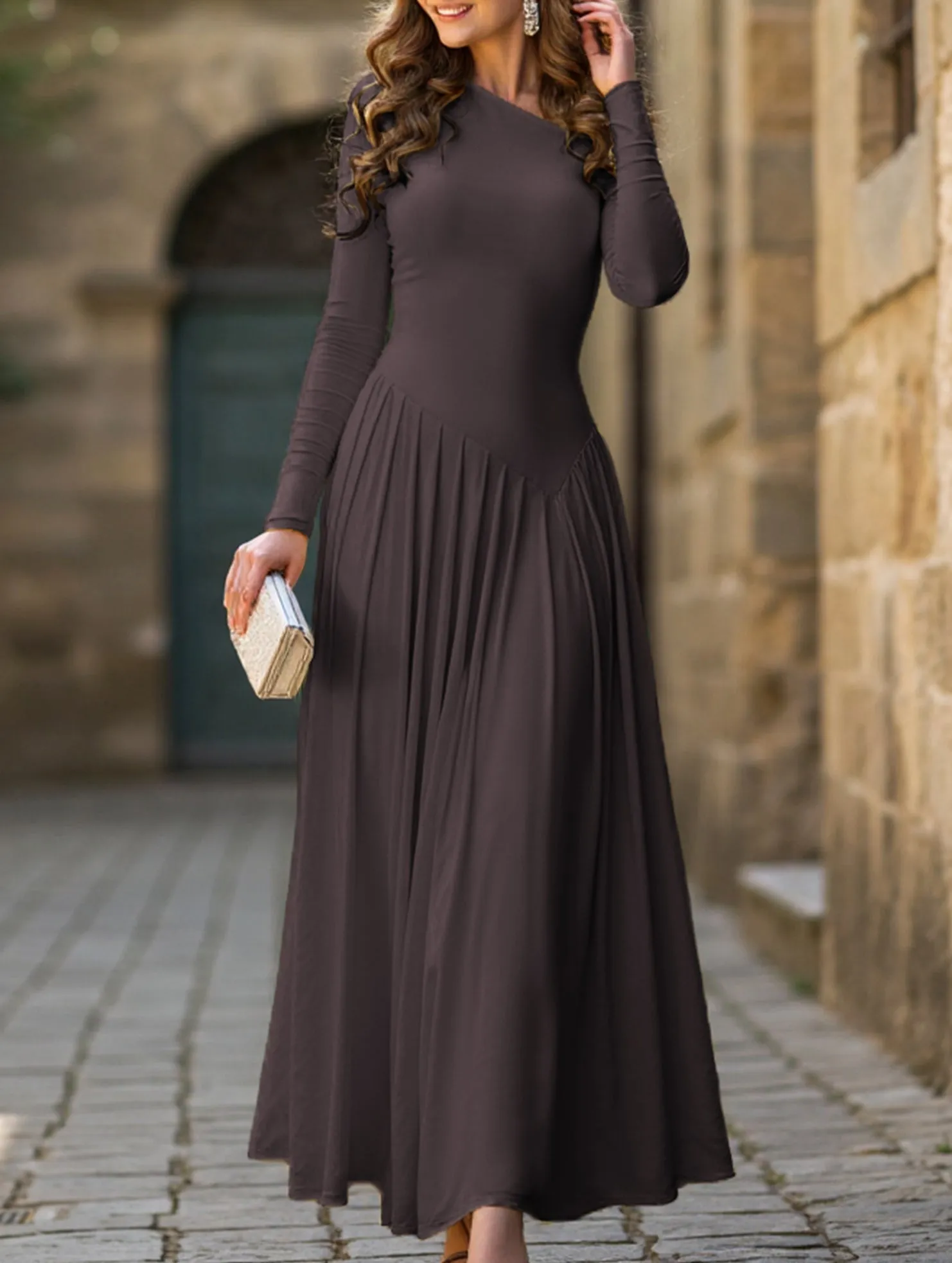 Casual Style Casual high waist long sleeve maxi dress
