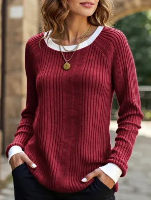 Layered Hem Detailing Crew neck long sleeve ribbed warm sweater