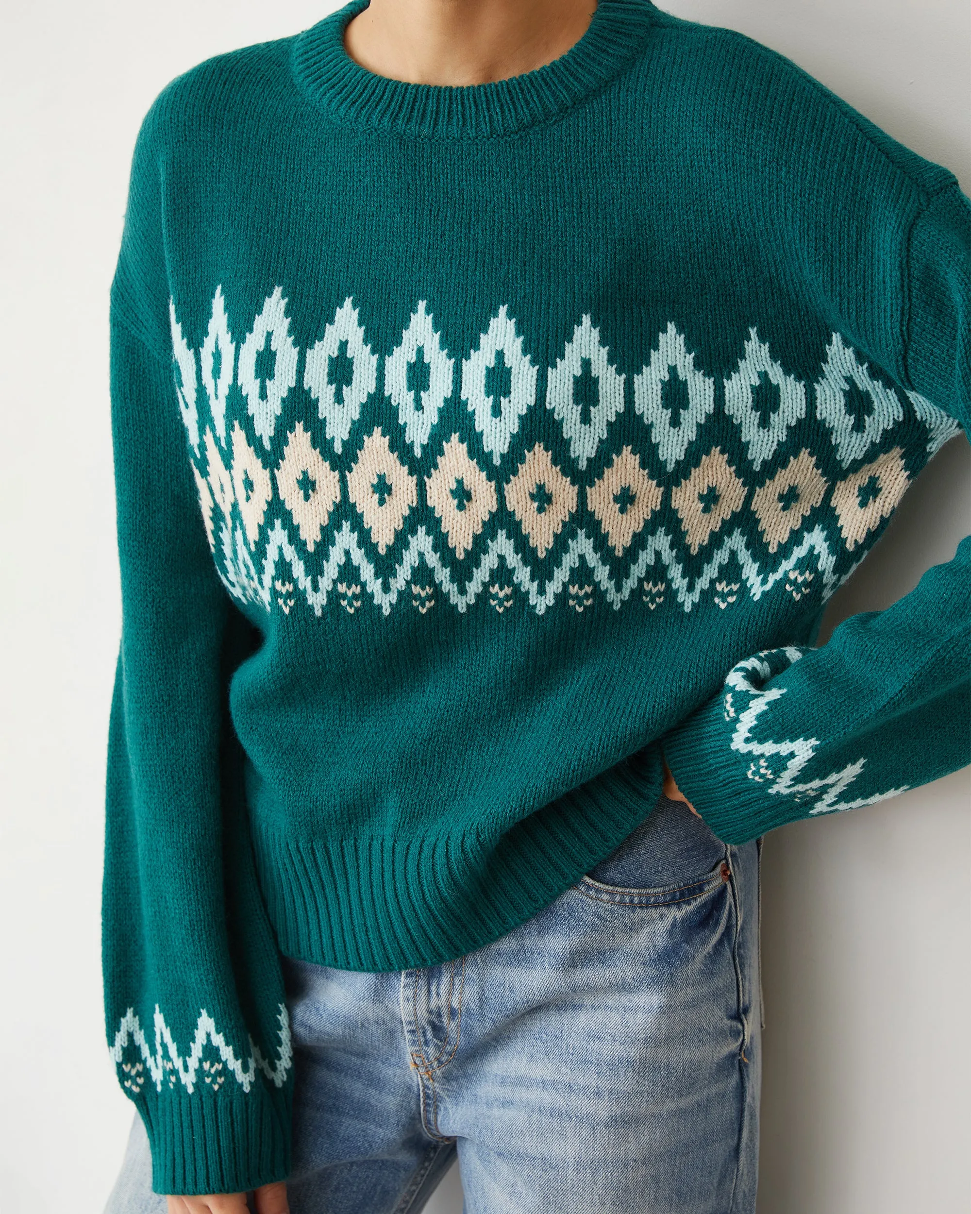 BreathableBack Vintage Hoodie Merino Wool Fair Isle Crew Neck
