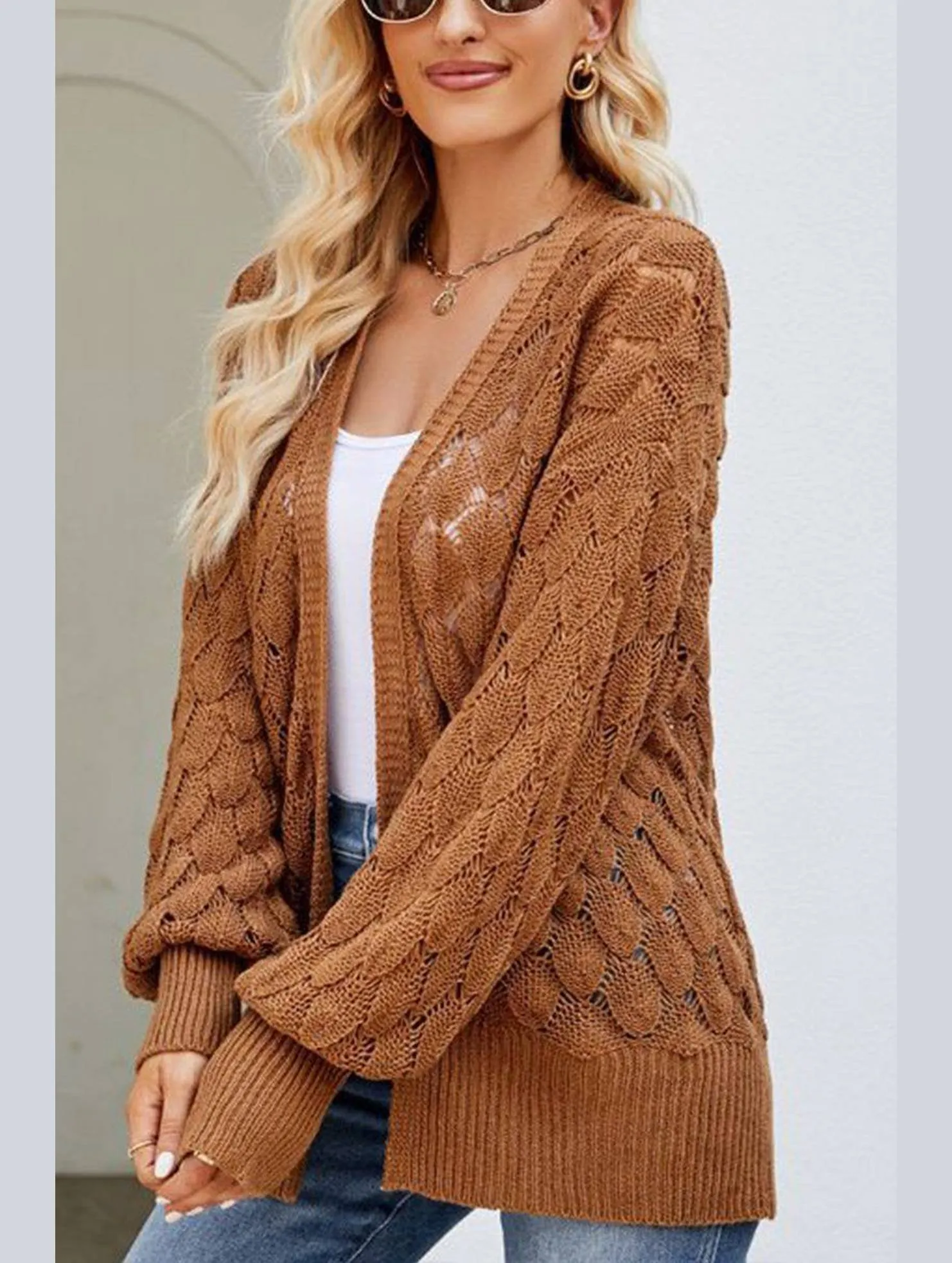 WOMEN HOLLOW OUT KNITTED SWEAT CARDIGAN AllDaySoftness Sporty Hoodie