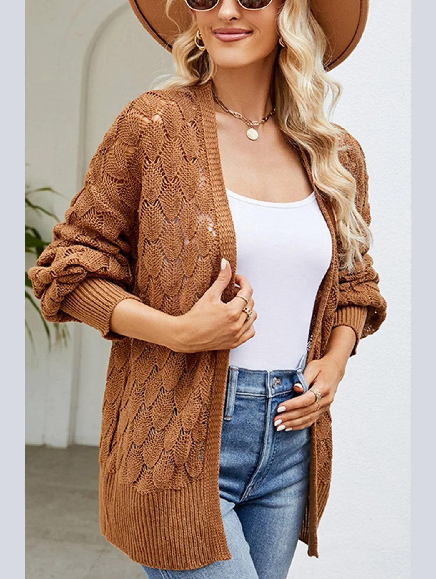 Summer Blouse SlubTexture WOMEN HOLLOW OUT KNITTED SWEAT CARDIGAN