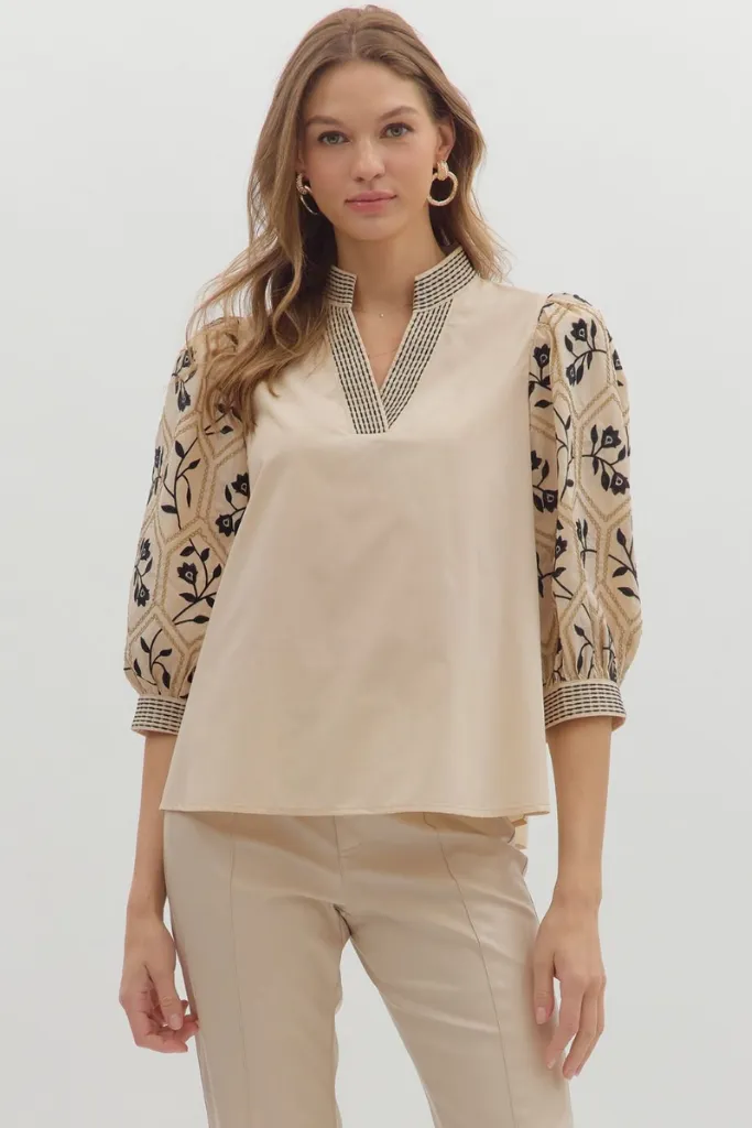 Emmeline Embroidered Sleeve Top Stretch Fit Top Reflective details