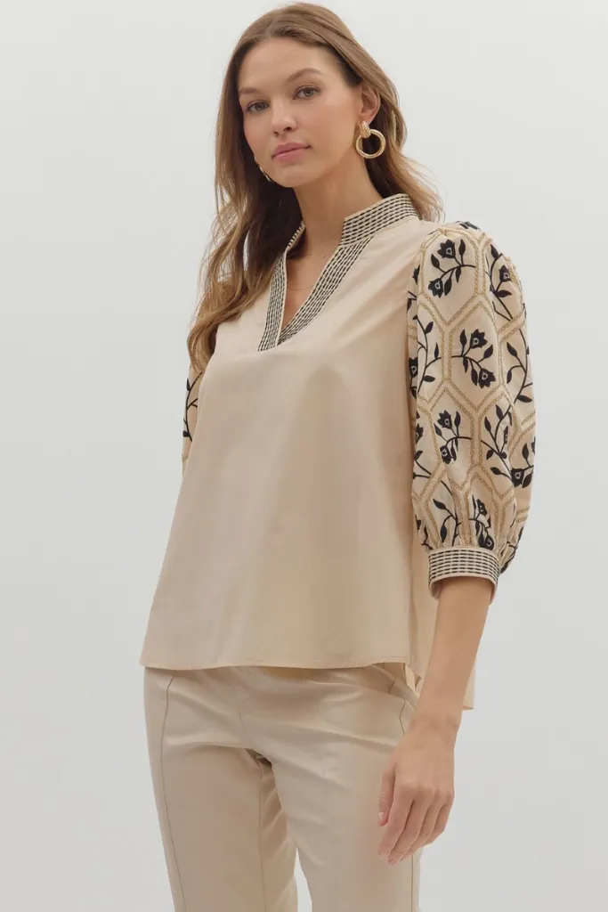 Emmeline Embroidered Sleeve Top BambooBlend High Collar Protection Design