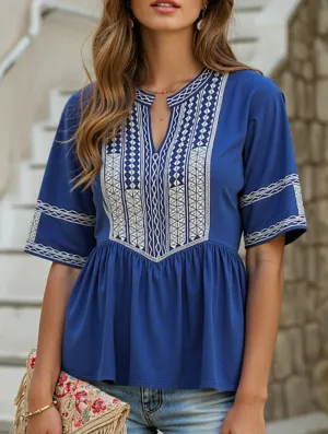 ElasticEdgeBinding EMBROIDERED SHIRT LOOSE TOP