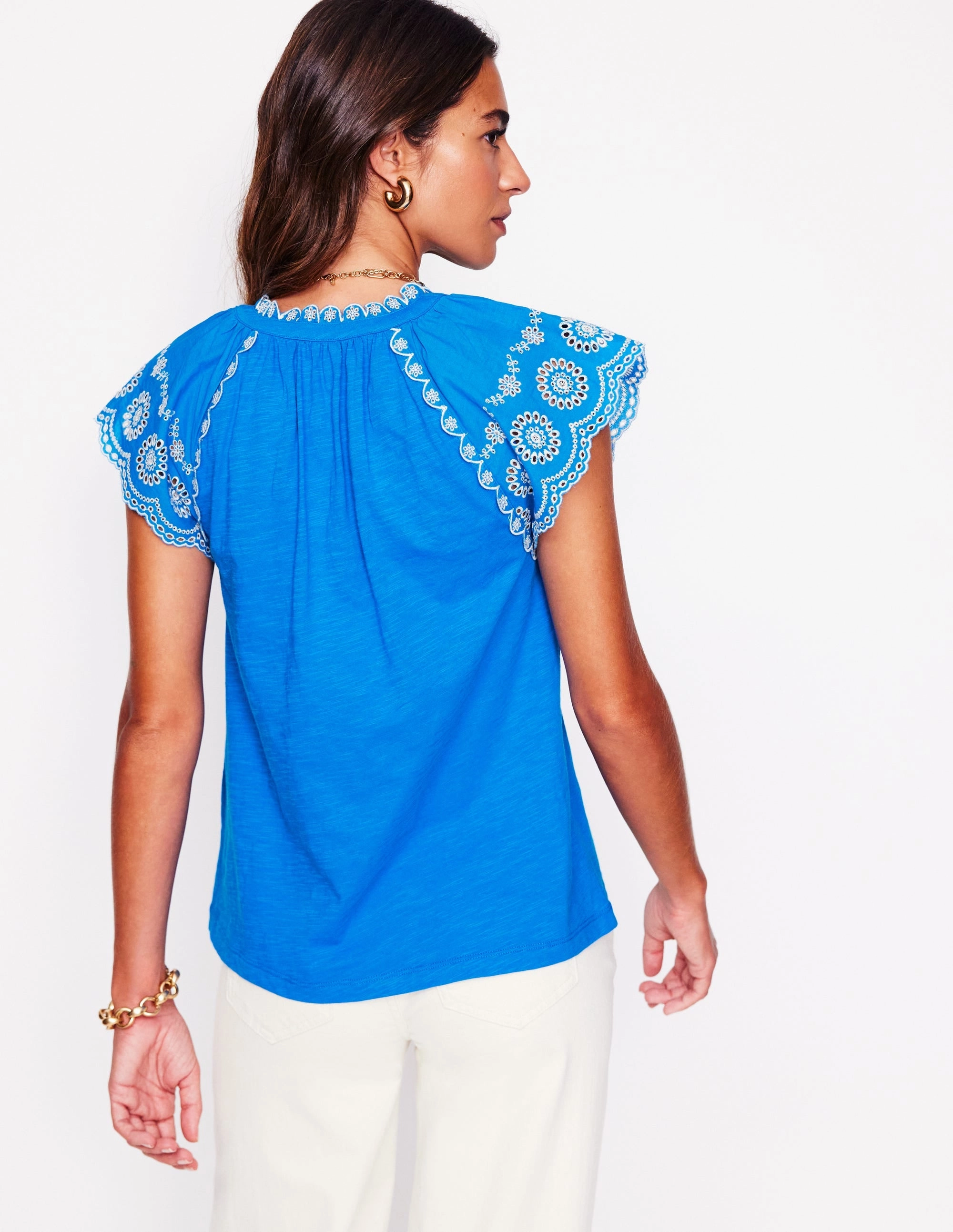 Ila Broderie Sleeve Notch Top-Kingfisher Blue AdjustableCuffSystem
