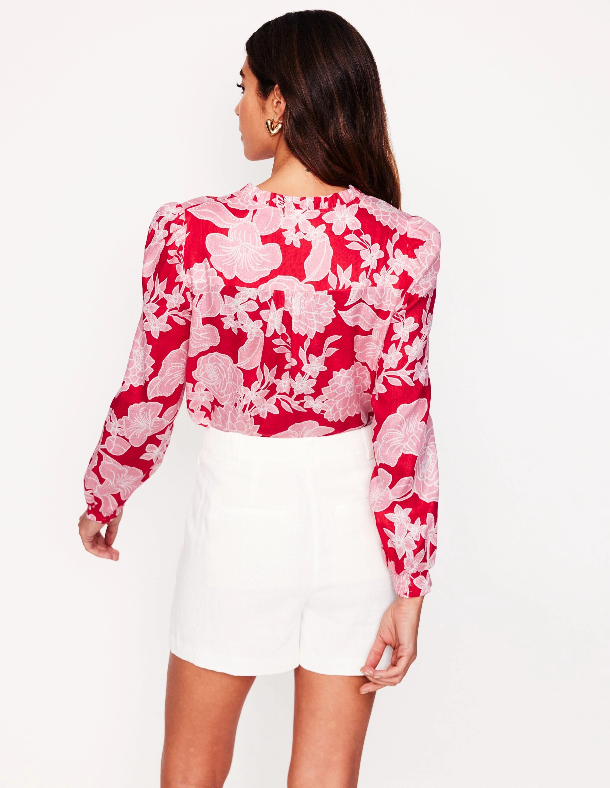 Grace Linen Top-Poppy Red, Blossom Cascade Variable Tension Adjustment Hidden Pocket