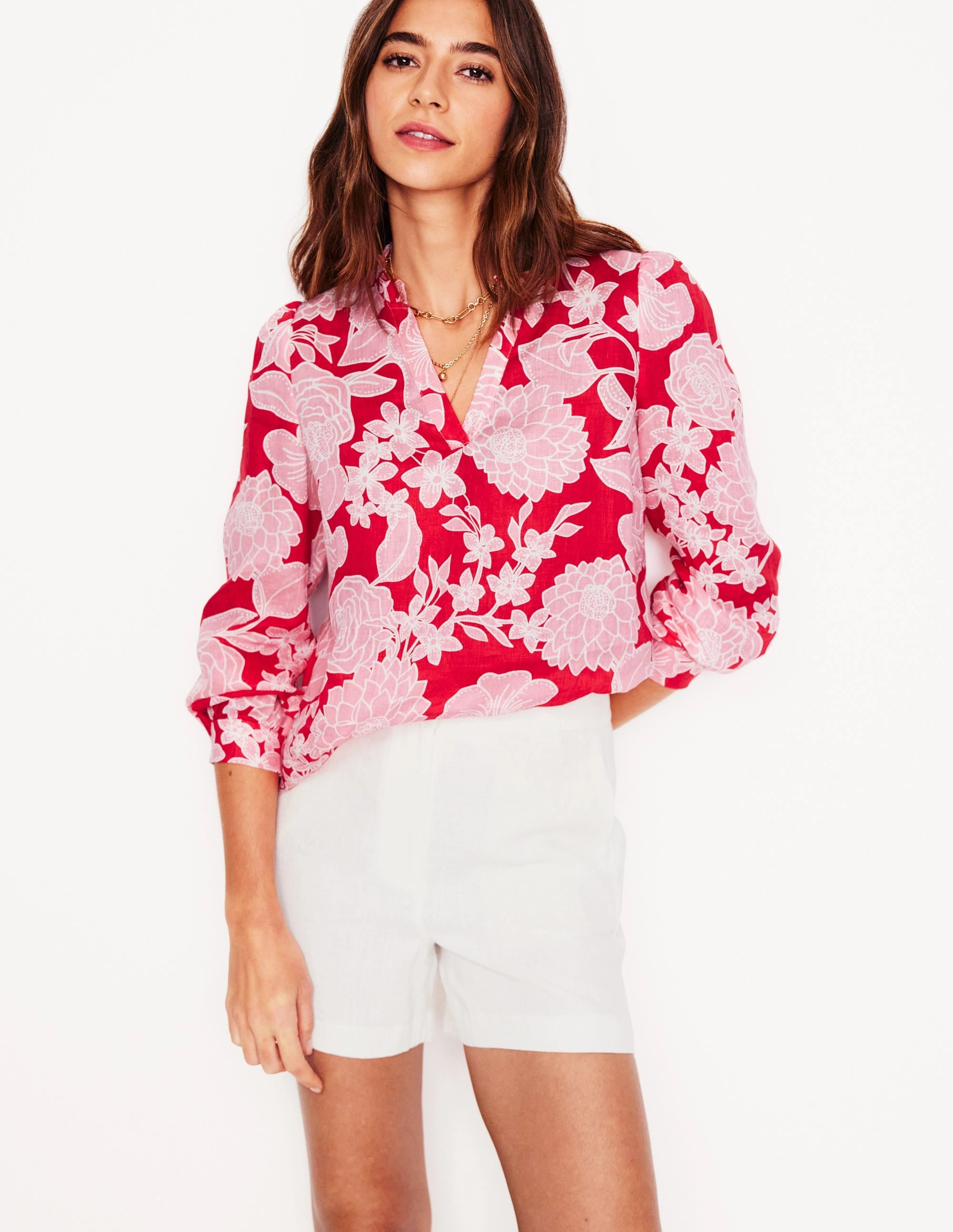 Grace Linen Top-Poppy Red, Blossom Cascade MeshLining