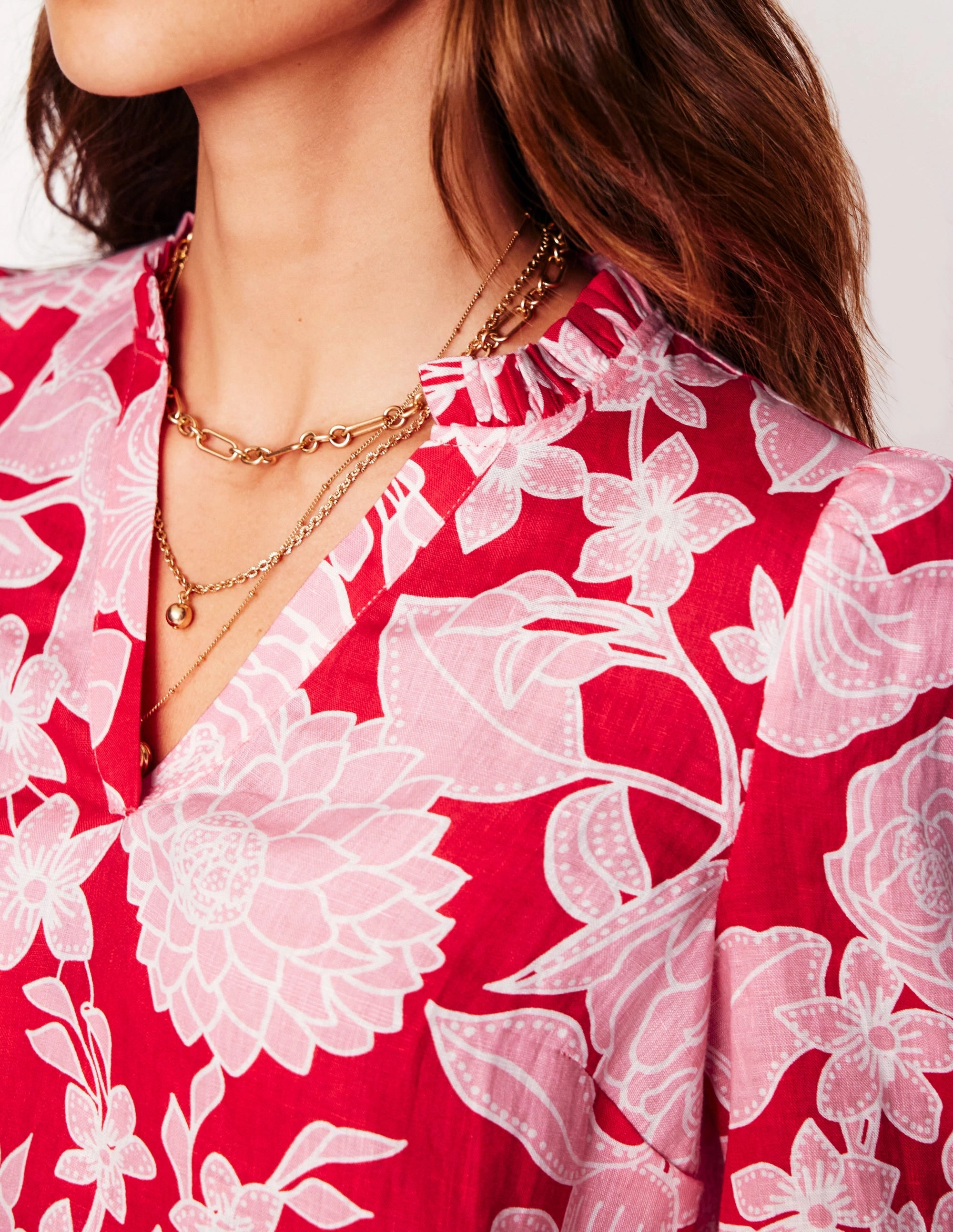 EthicallySourced Hidden Zipper Pocket Grace Linen Top-Poppy Red, Blossom Cascade
