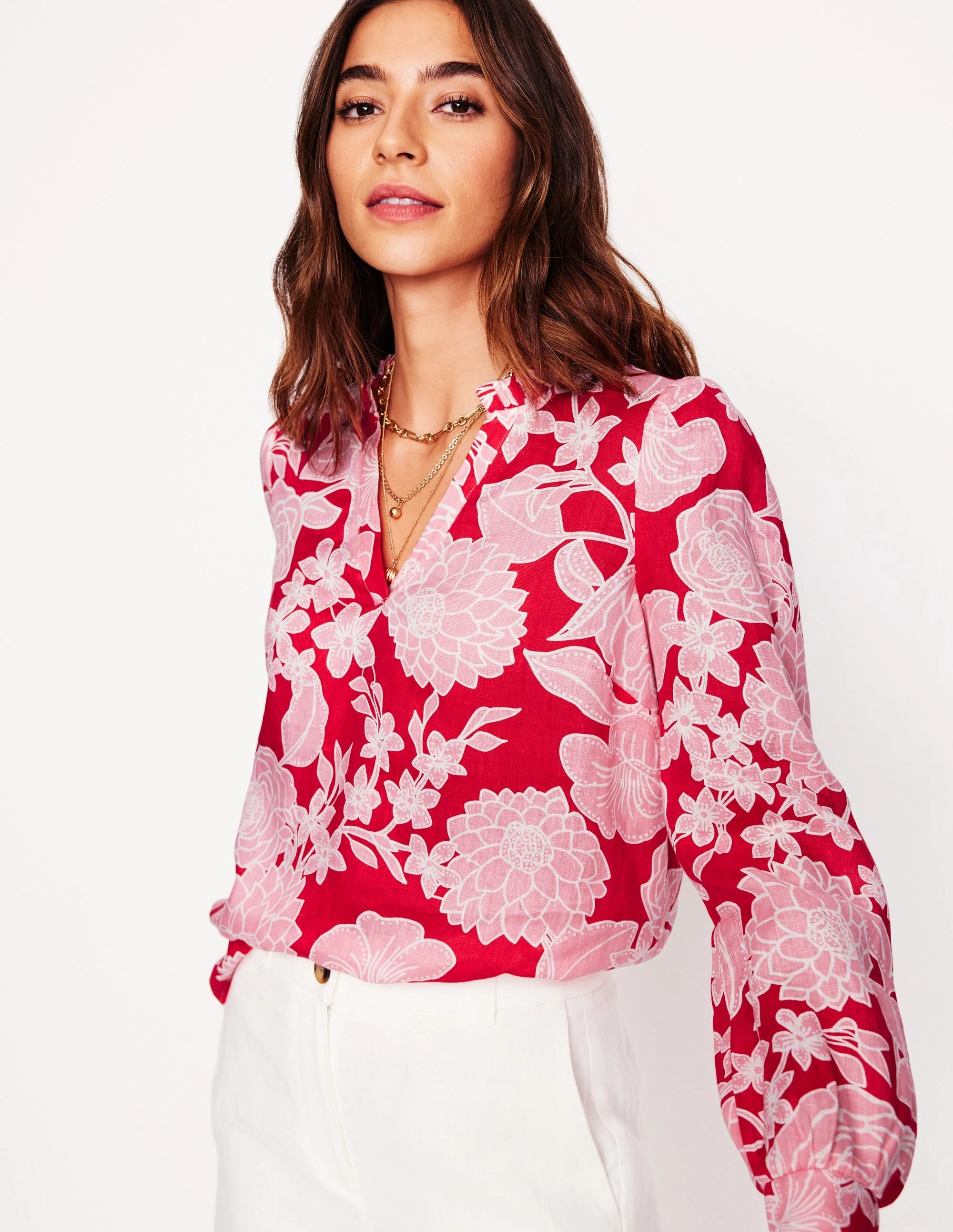 Grace Linen Top-Poppy Red, Blossom Cascade Airflow Mesh Insert