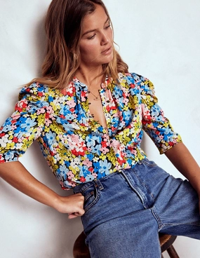 Mutton Sleeve Smart Top-Multi, Flowerbed Cluster Adjustable Collar System