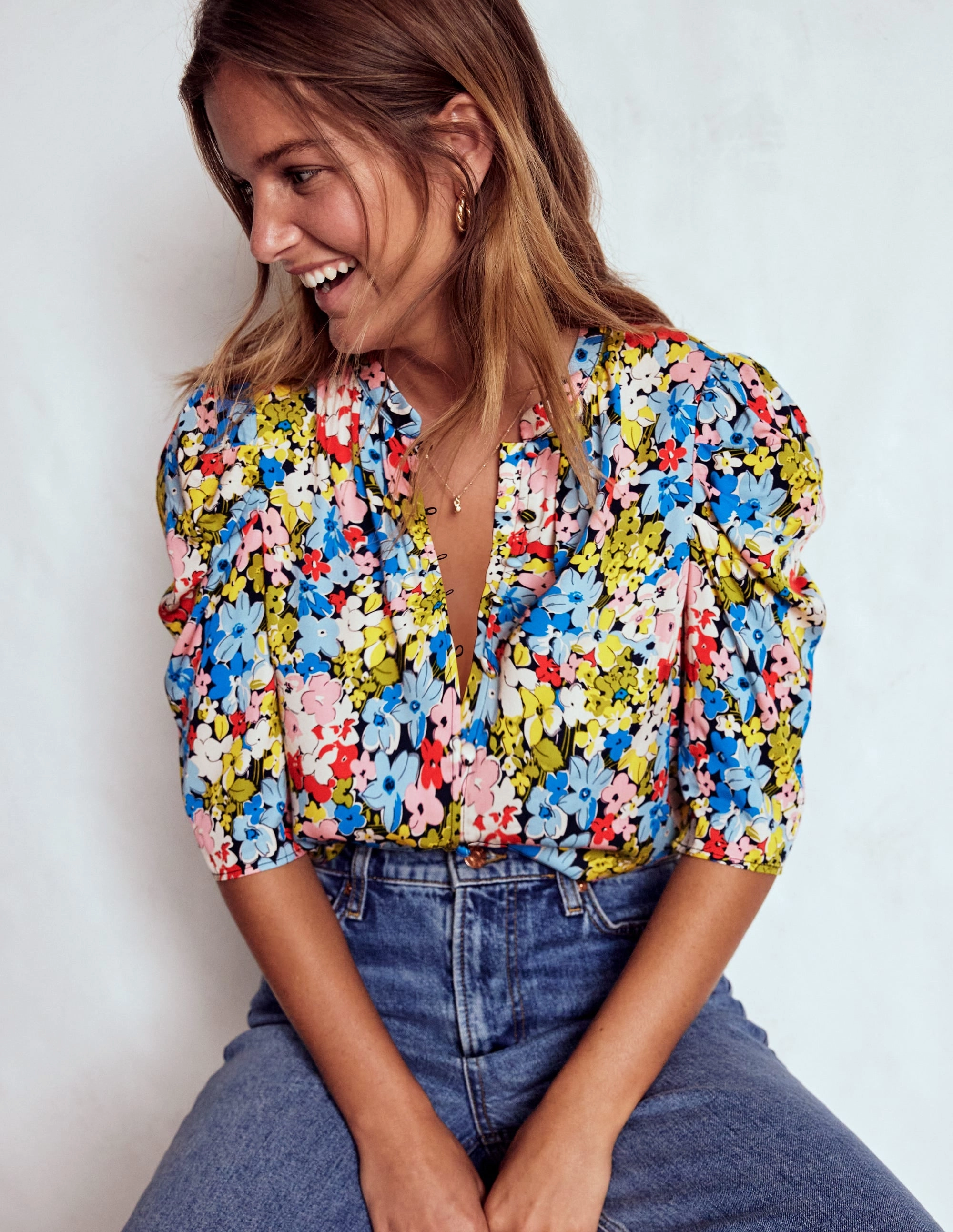 Mutton Sleeve Smart Top-Multi, Flowerbed Cluster Moisture Control Lining High Durability Material