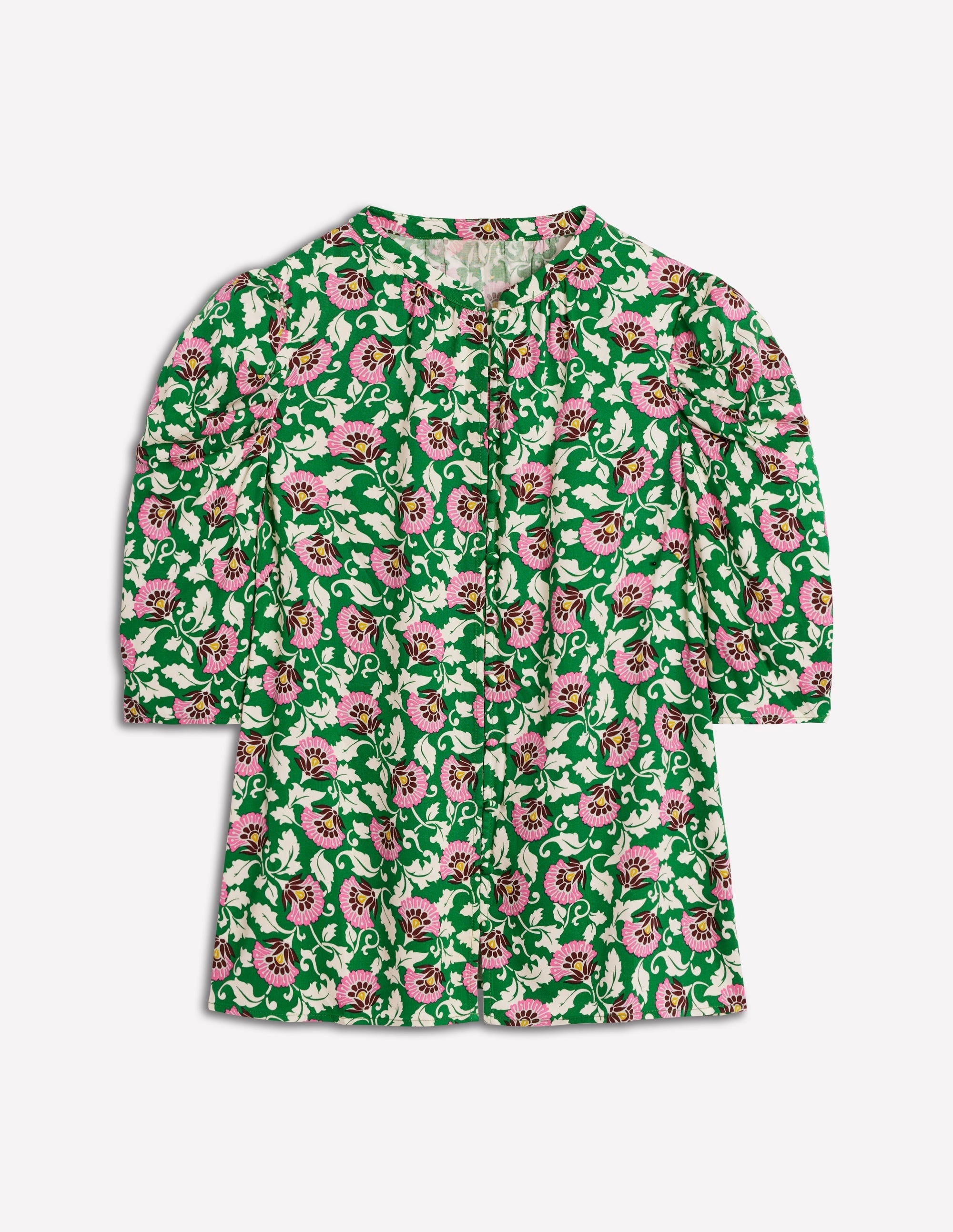 Soft Touch Stretch Comfort Mutton Sleeve Smart Top-Rich Emerald, Ornate Vine