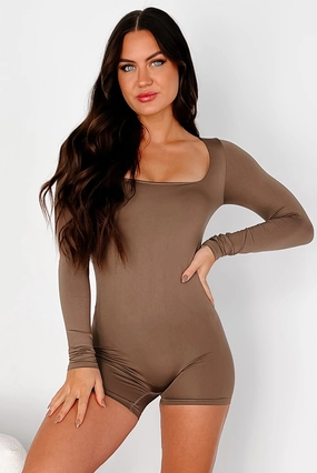 Elegant Look Beadwork My Greatest Motivator Square Neck Long Sleeve Romper (Brown)