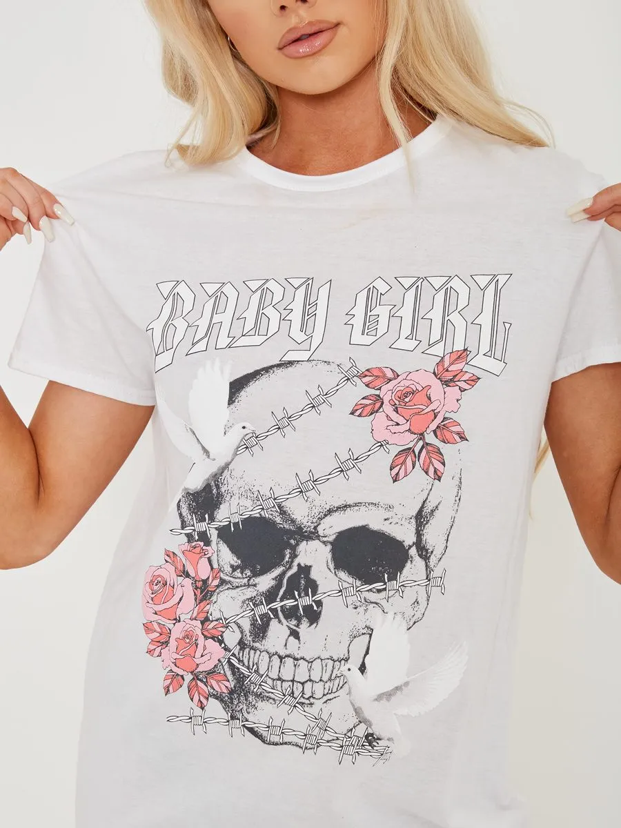 Nadia Skull Rose Graphic Printed T-shirt Dress In White