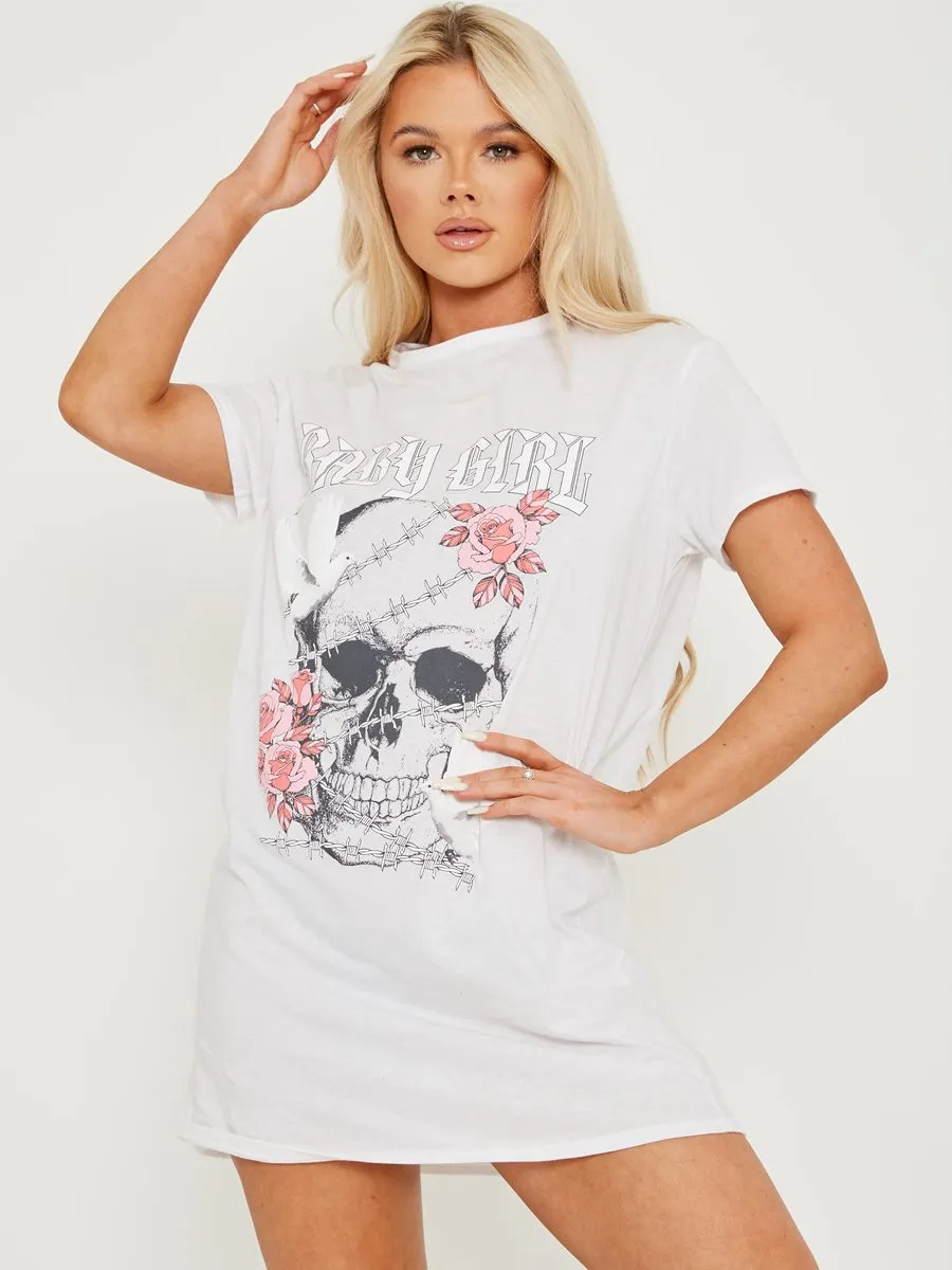 Nadia Skull Rose Graphic Printed T-shirt Dress In White
