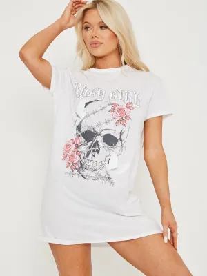 Nadia Skull Rose Graphic Printed T-shirt Dress In White