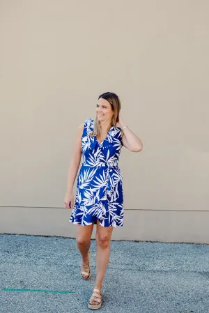 Versatile Fit Floral design Naples Faux Wrap Dress Navy Palm Leaf