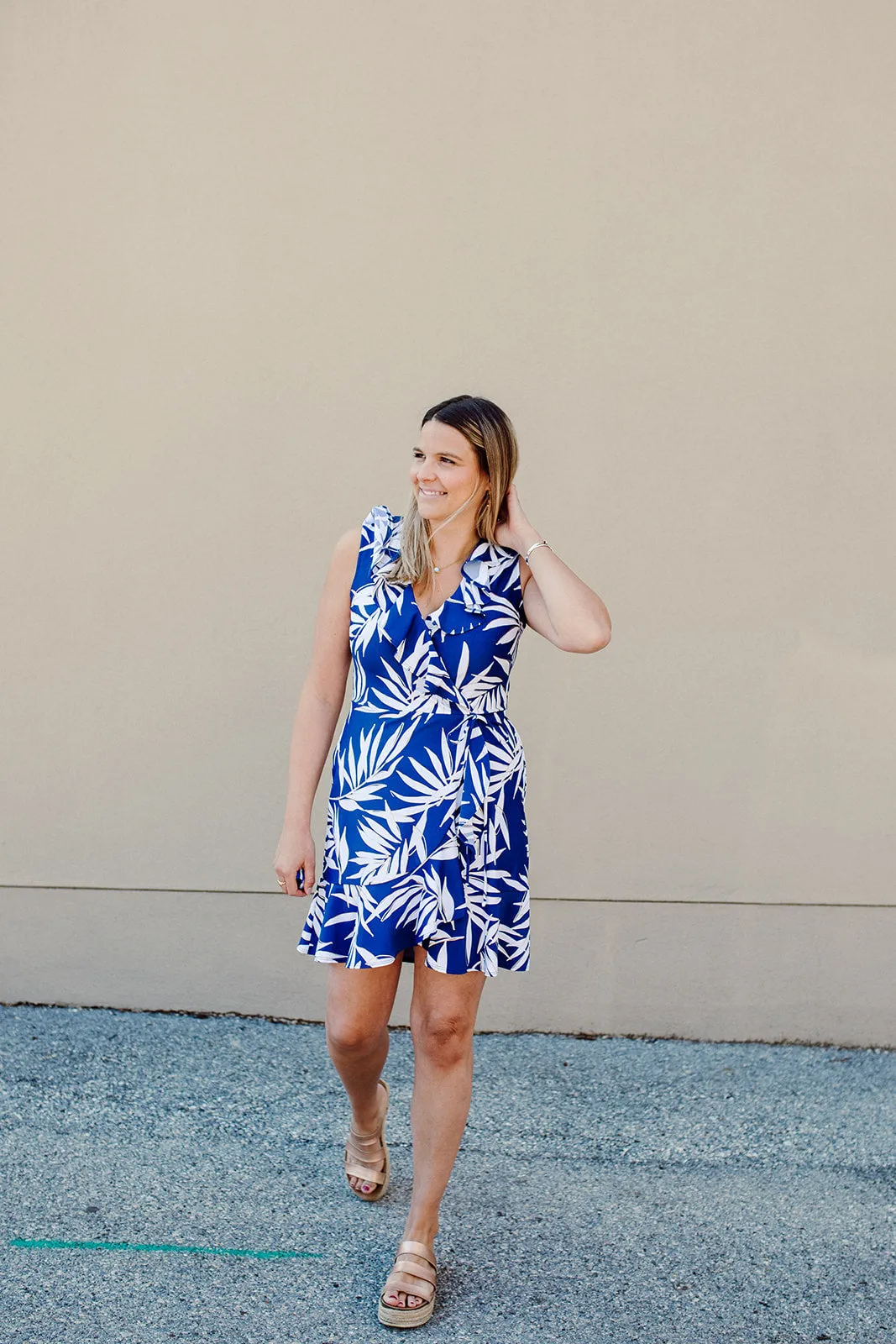 Naples Faux Wrap Dress Navy Palm Leaf Refined Finish