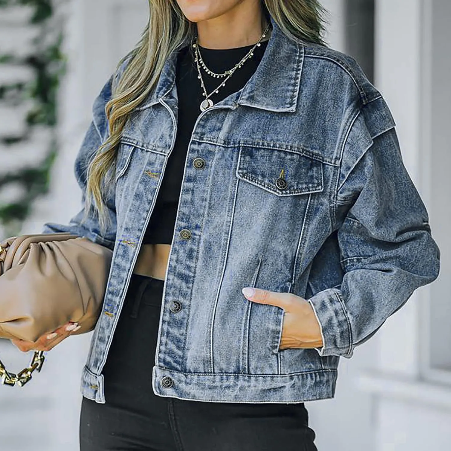 NATHGAM Denim Jacket for Women Button Down Cropped Washed Jean Jacket Ladies Long Sleeve Distressed Trucker Denim Jacket Coat