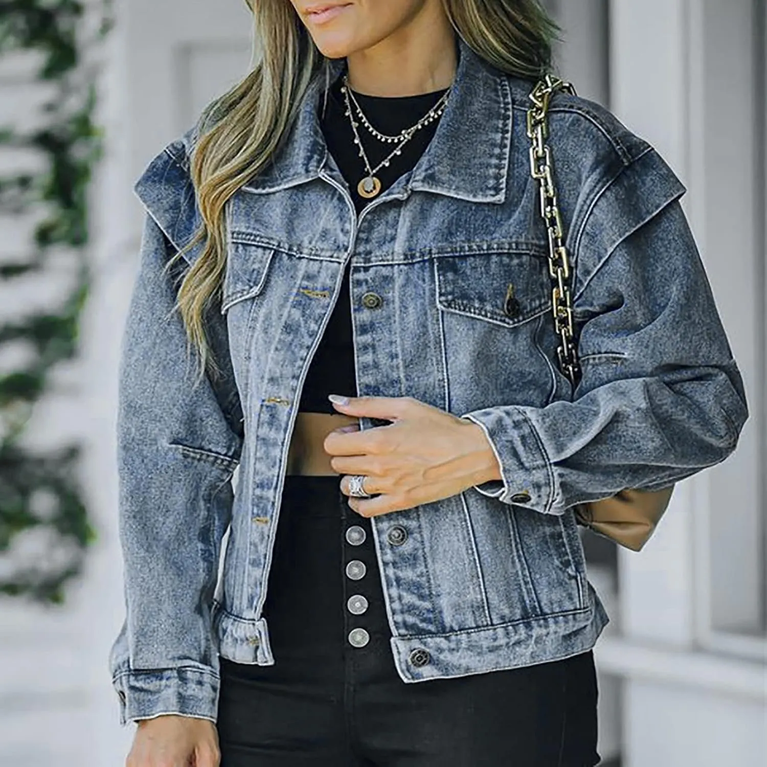 NATHGAM Denim Jacket for Women Button Down Cropped Washed Jean Jacket Ladies Long Sleeve Distressed Trucker Denim Jacket Coat