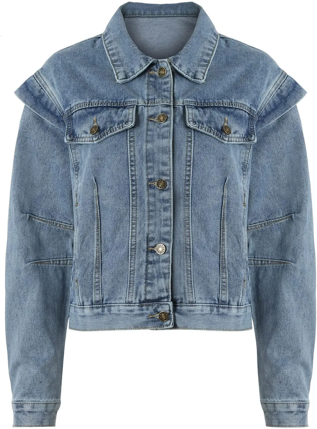 NATHGAM Denim Jacket for Women Button Down Cropped Washed Jean Jacket Ladies Long Sleeve Distressed Trucker Denim Jacket Coat