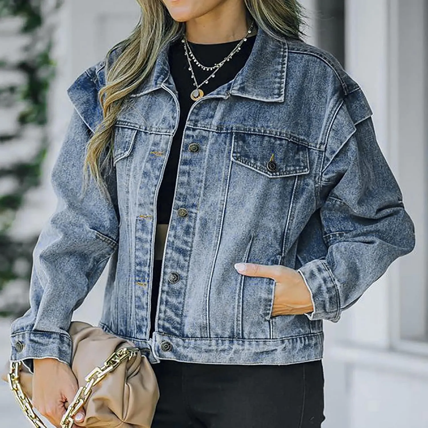 NATHGAM Denim Jacket for Women Button Down Cropped Washed Jean Jacket Ladies Long Sleeve Distressed Trucker Denim Jacket Coat