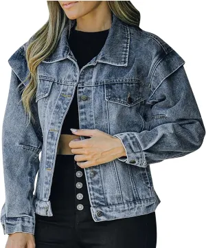 NATHGAM Denim Jacket for Women Button Down Cropped Washed Jean Jacket Ladies Long Sleeve Distressed Trucker Denim Jacket Coat
