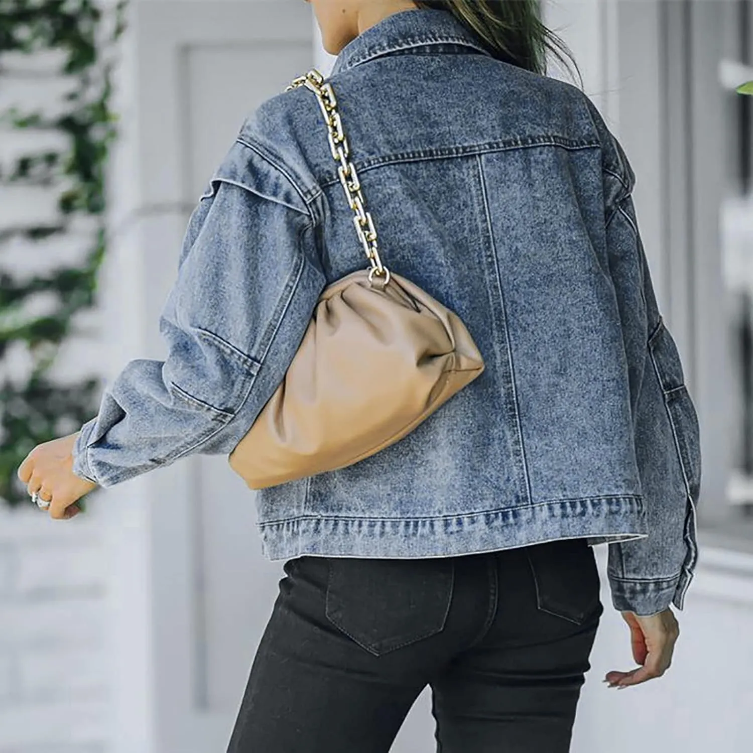 NATHGAM Denim Jacket for Women Button Down Cropped Washed Jean Jacket Ladies Long Sleeve Distressed Trucker Denim Jacket Coat