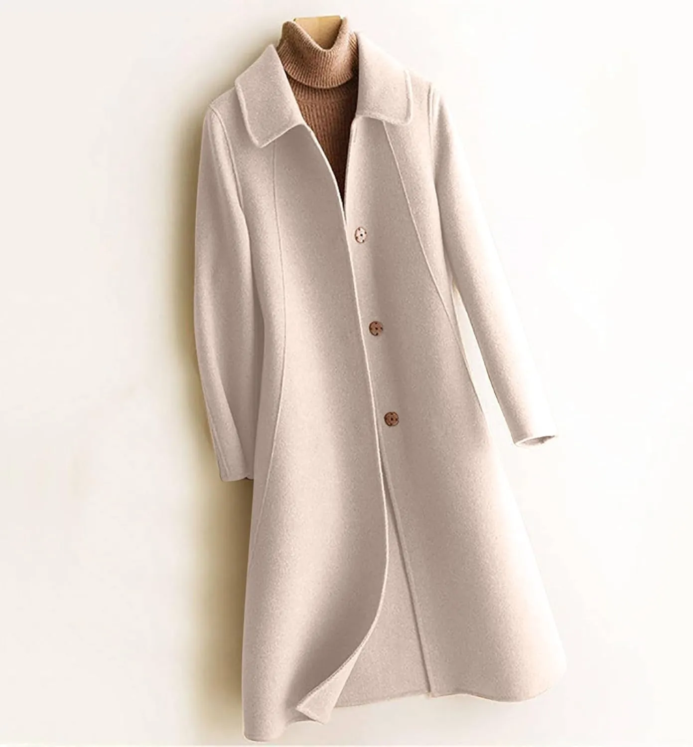 NATHGAM Women's Winter Coat Casual Trendy Elegant Coat Lapel Single Breasted Long Wool Coat Thick Formal Office Wool Overcoat