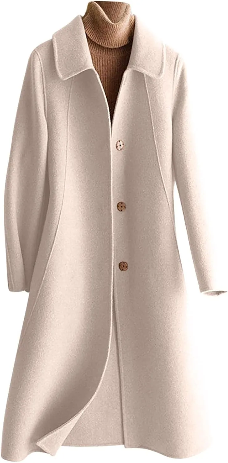 NATHGAM Women's Winter Coat Casual Trendy Elegant Coat Lapel Single Breasted Long Wool Coat Thick Formal Office Wool Overcoat