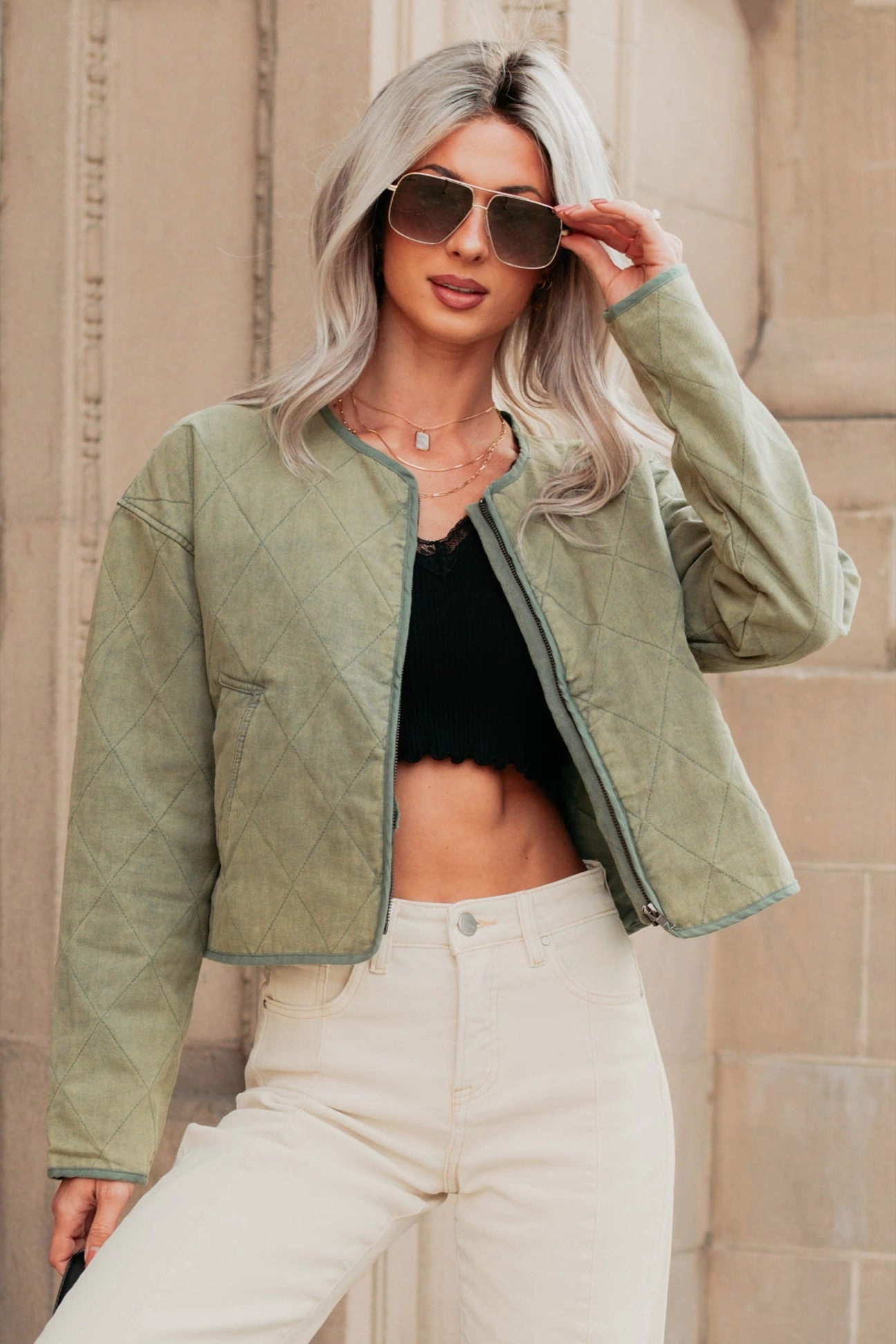 Natural Essence Quilted Zip-Up Jacket (Vintage Olive) student traveler
