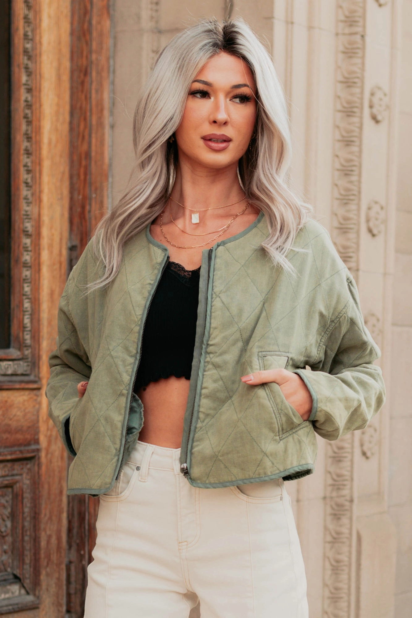 Natural Essence Quilted Zip-Up Jacket (Vintage Olive) Soft Texture