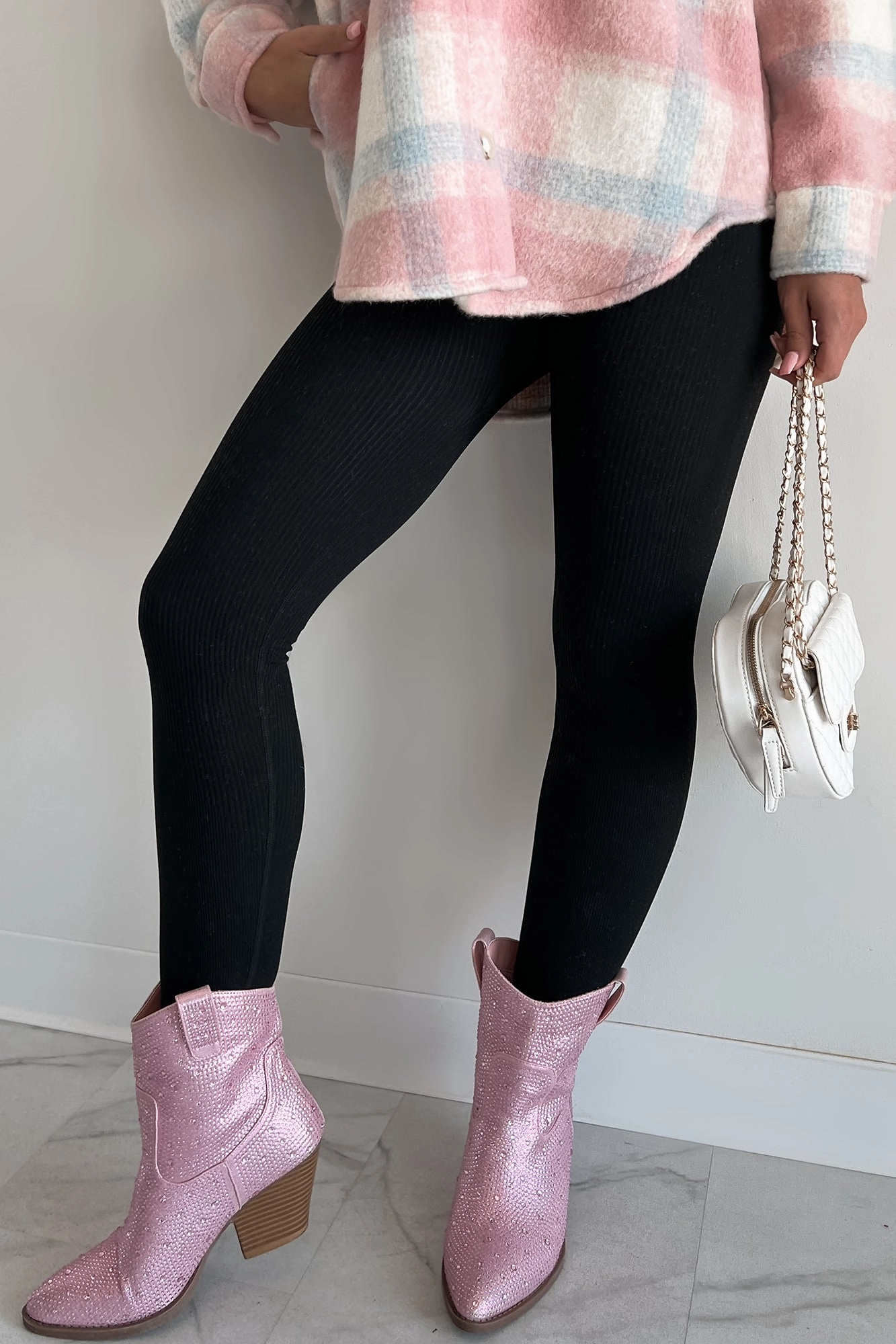 Structured Shoulder Fall Retreat High Waist Ribbed Leggings (Black)