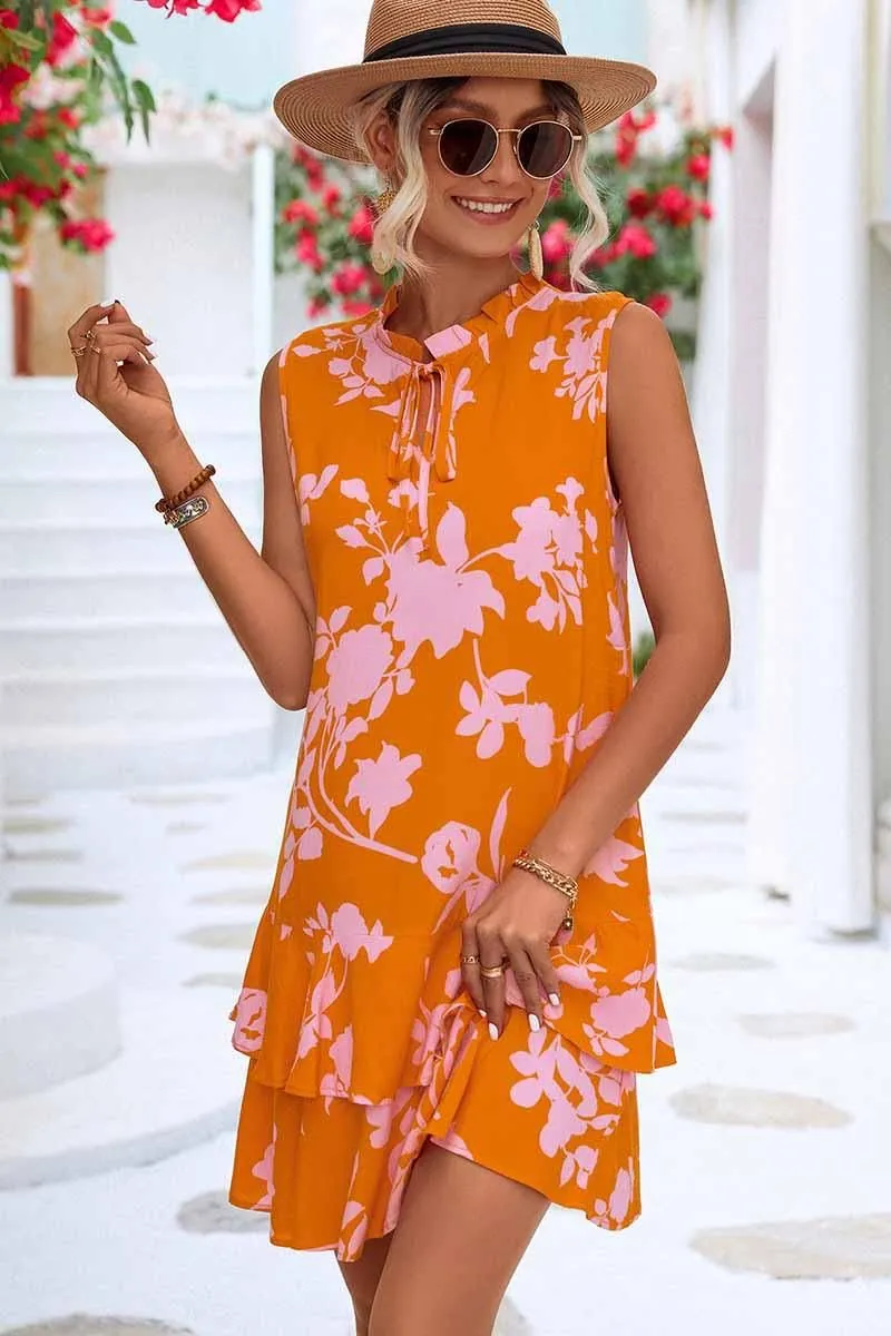 Recycled-Material NATURE PATTERN TIED NECK SHORT RUFFLED DRESS