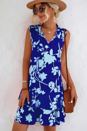 Bold colors LowProfileZipper NATURE PATTERN TIED NECK SHORT RUFFLED DRESS
