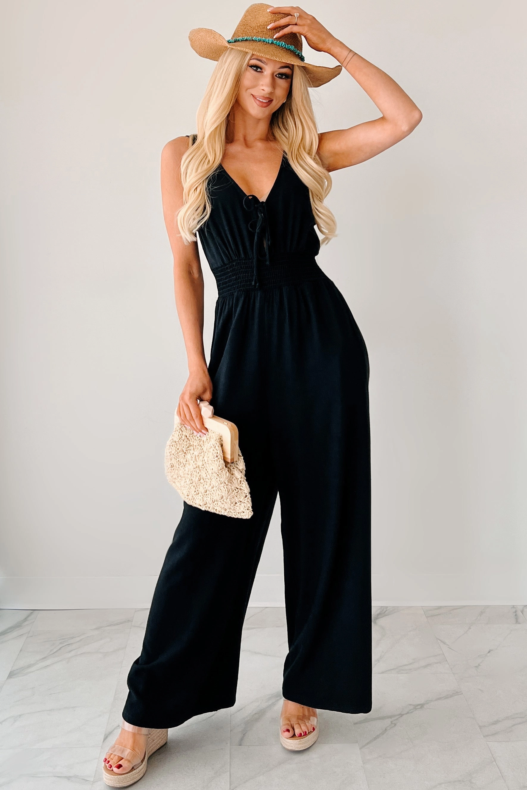 Comfortable Layer Weekend Style Nature's Glow Linen Smocked Waist Jumpsuit (Black)
