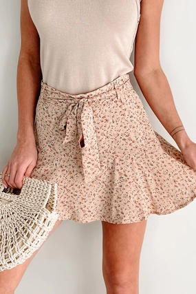 Natures Embrace Floral Print Mini Skirt (Taupe) AdjustableDrawstring SmoothZipper