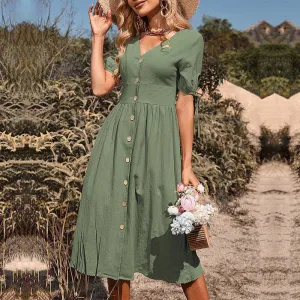 BUTTON-DOWN COTTON AND LINEN V-NECK DRESS_CWDMD1653 Bright Colors