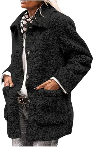 NBXNZWF Women's Winter Coats Long Sleeve Lapel Button Down Fleece Jacket Casual Trendy Fuzzy Warm Outerwear with Pockets