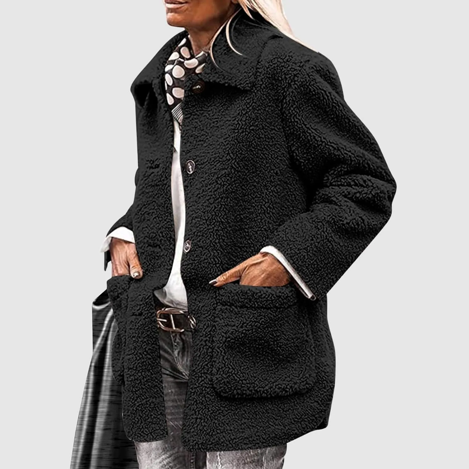 NBXNZWF Women's Winter Coats Long Sleeve Lapel Button Down Fleece Jacket Casual Trendy Fuzzy Warm Outerwear with Pockets