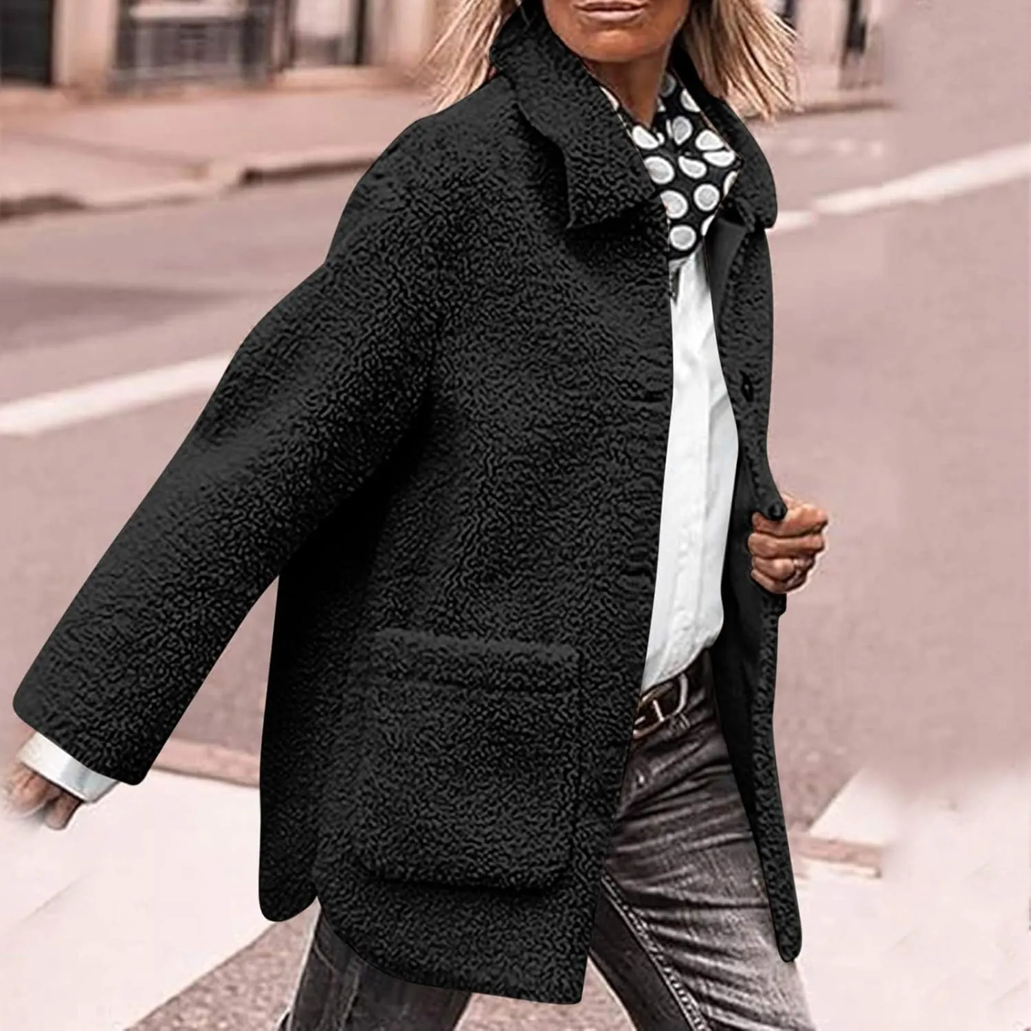 NBXNZWF Women's Winter Coats Long Sleeve Lapel Button Down Fleece Jacket Casual Trendy Fuzzy Warm Outerwear with Pockets