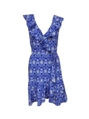 Naples Faux Wrap Dress Dark Blue Tribal All Gender Fit Scalloped-Edge