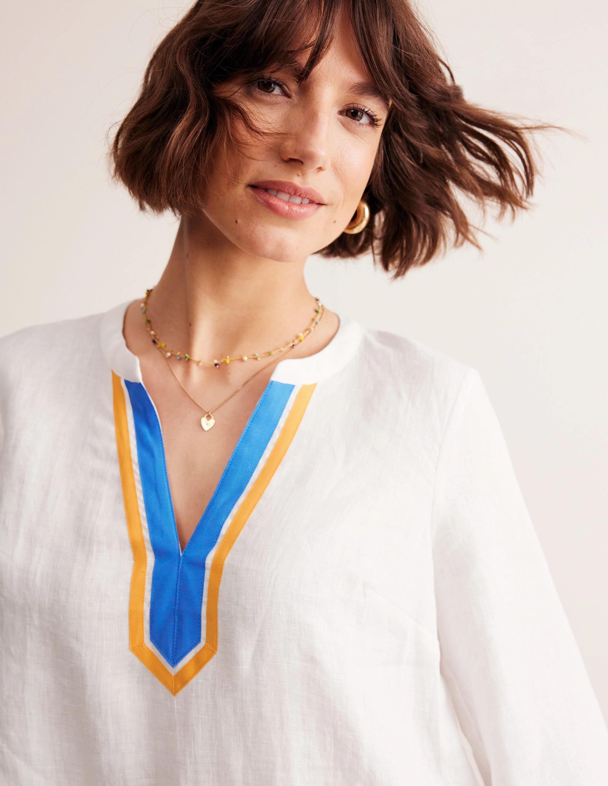 NonRestrictive Neck Detail Tunic Top-White, Surf the Web