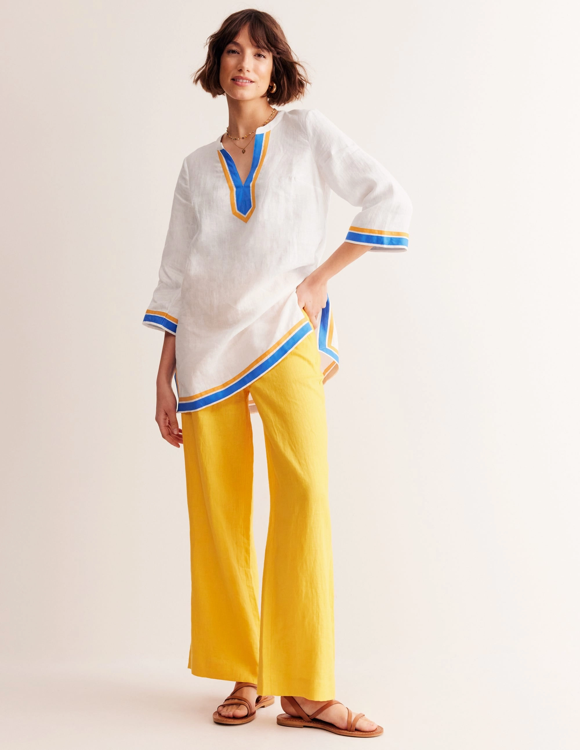 Ribbed Trims Breathable Mesh Insert Neck Detail Tunic Top-White, Surf the Web