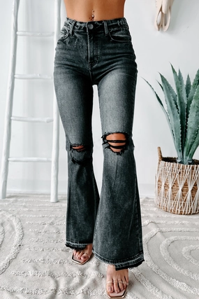 Durable Blend Nessa High Rise Distressed Risen Flare Jeans (Black)