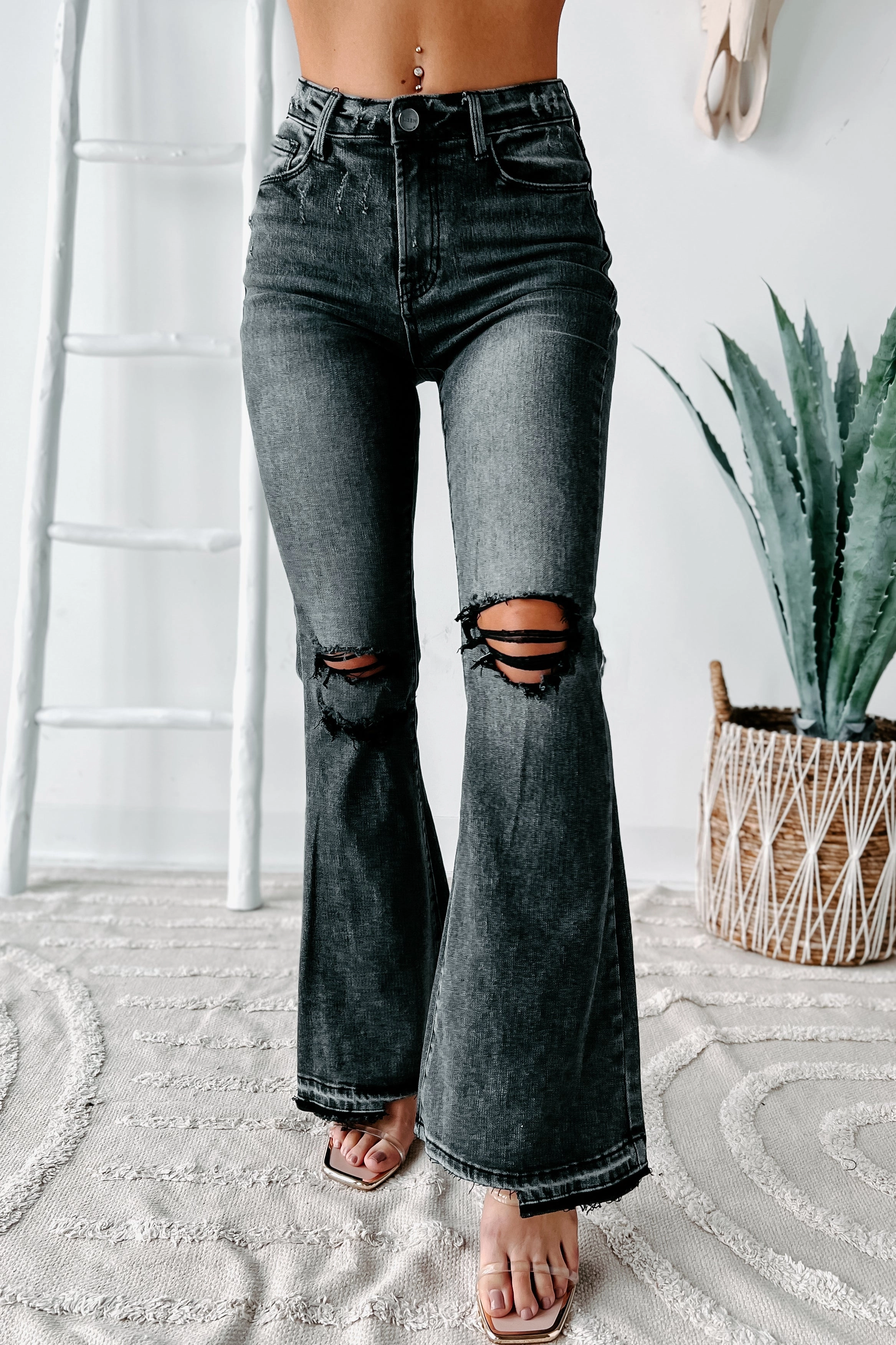 Nessa High Rise Distressed Risen Flare Jeans (Black) TemperatureRegulating